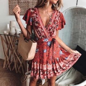 IN STOCK Boho Chic gypsy Floral Wrap Dress - RED